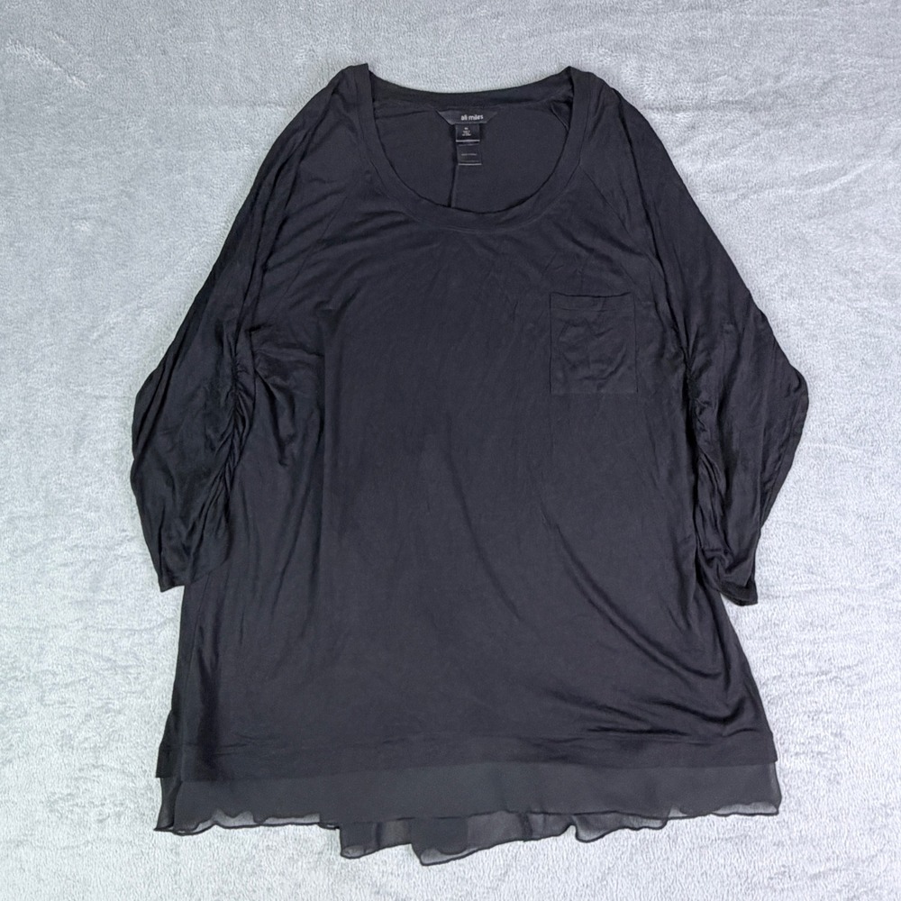 Ali Miles Black Tunic Top XL Ruched 3/4 Sleeve Chiffon Layered Hem Scoop Neck